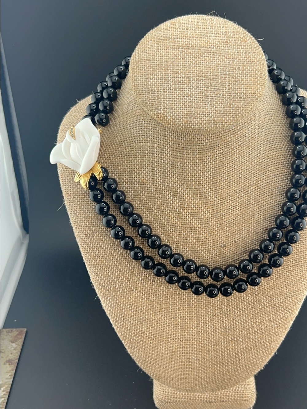 Vintage KJL for Avon Black Double-Strand Bead Necklace with White Rose